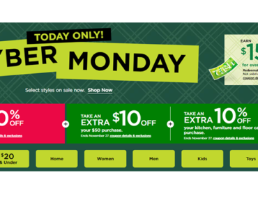 Kohls Cyber Monday Sale! Stacking Codes 20% and $10 off $50! Earn $15 on $50 Kohl’s Cash! Today Only!