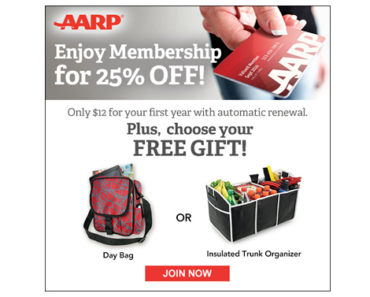 AARP Sale! Join AARP for $12 per year! NEW FREE Gift – Red and Gray Spider Splash Day Bag!!