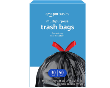 Amazon Basics Flextra Multipurpose Drawstring Trash Bags, 30 Gallon, 50 Count – Just $11.95!