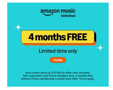 Prime Members: Get 4 months FREE of Amazon Music Unlimited!