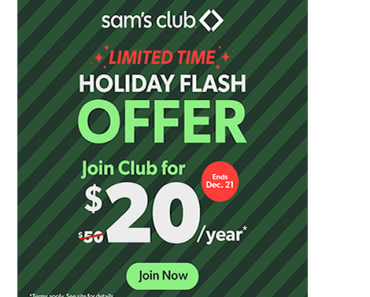 Save 60% on a new Sam’s Club Membership! Get a 1 year membership for just $20.00!