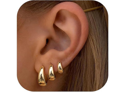 3 Pairs Gold Thick Hoop Earrings, 14k Gold Plated – Just $8.95!