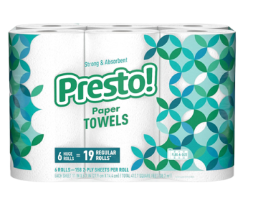 Amazon Brand Presto! Flex-a-Size Paper Towels, Huge Roll, 6 count – Just $15.67! Amazon Brand Presto! Flex-a-Size Paper Towels, Huge Roll, 6 count – Just $15.67!