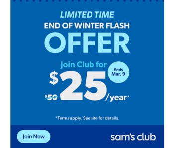 Save 50% on a new Sam’s Club Membership! Get a 1 year membership for just $25! Save 50% on a new Sam’s Club Membership! Get a 1 year membership for just $25!